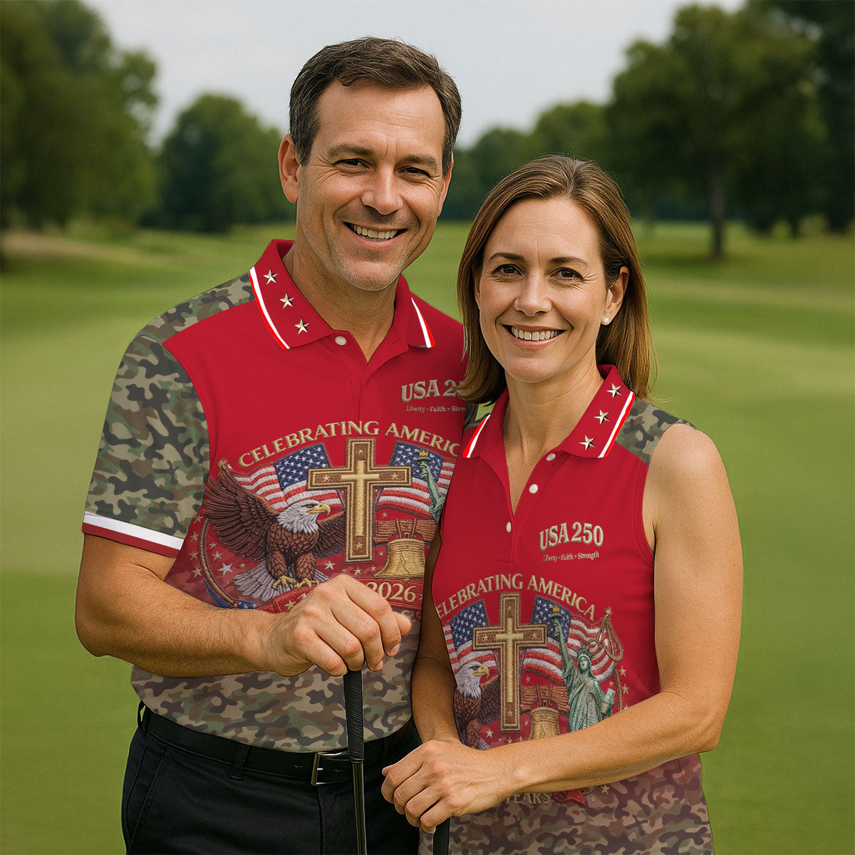 Liberty Faith Strength Faith Cross USA 250 Red Camo Golf Shirt, 4th Of July Golf Shirts For Men