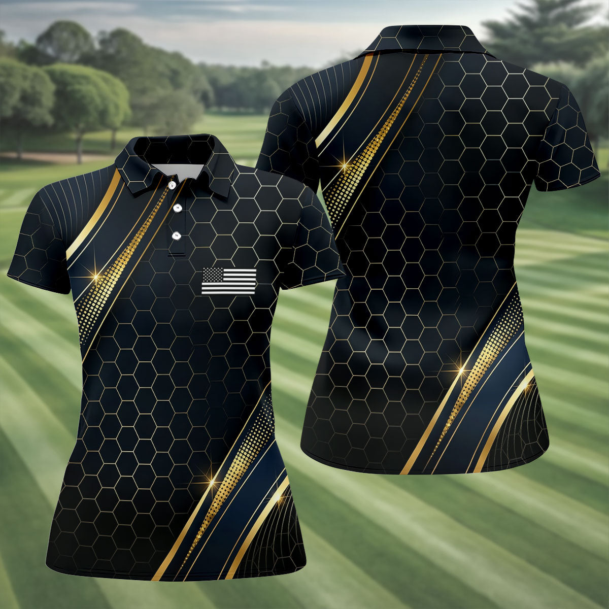 Gold Hexagonal US Flag Logo Retro Golf Shirt, 250 Years Patriotic 4th Of July Golf Shirt For Women