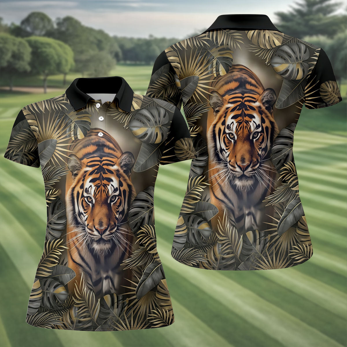 Majestic Tiger Tropical Golf Polo Shirt, Women's Golf Tops, Ladies Golf Shirt