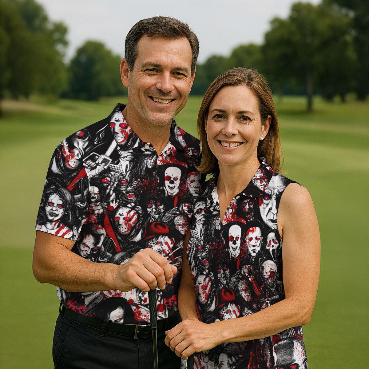 Horror Character Pattern Golf Polo Shirt, Women's Golf Apparel, Halloween Tops For Women