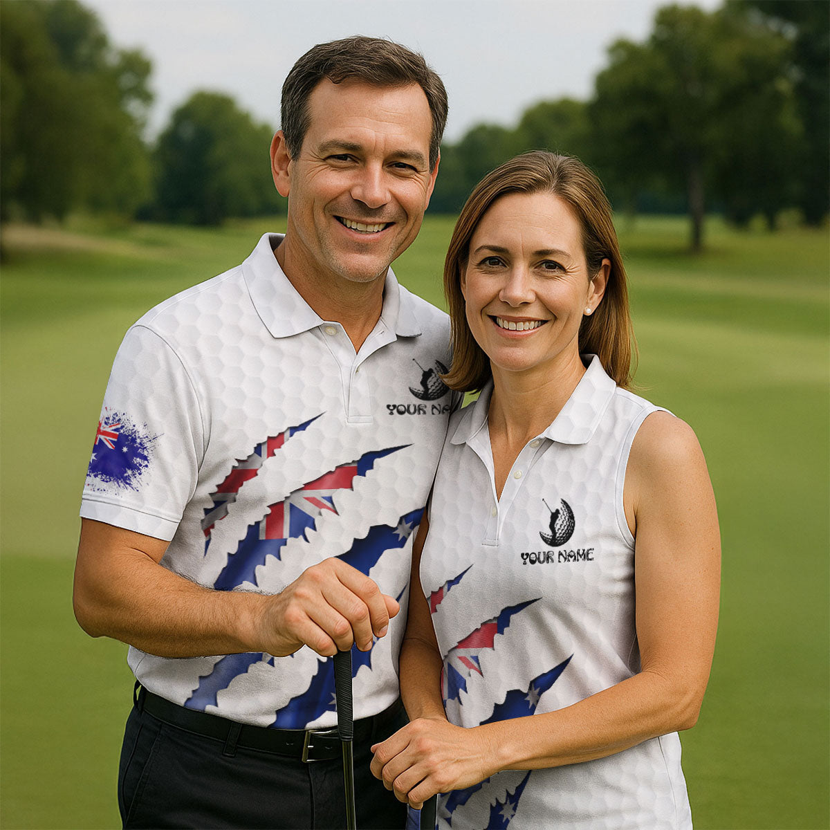 Golf Ball Pattern Australia Flag Print Scratch Effect Men's Golf Top, Golf Shirts For Men