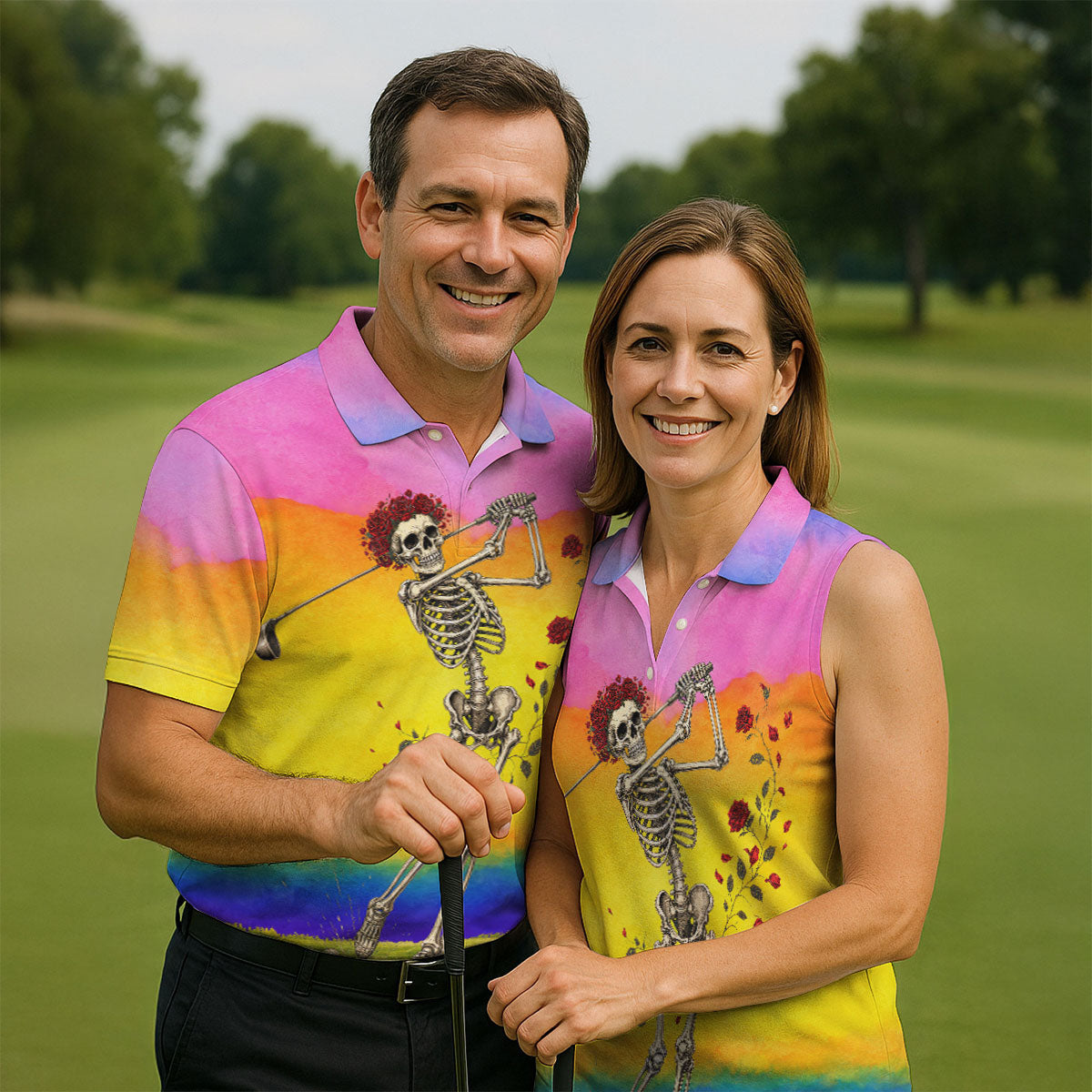 Rainbow Skeleton Golfer Golf Polo Shirt, Mens Golf Shirts, Hawaiian Golf Shirt