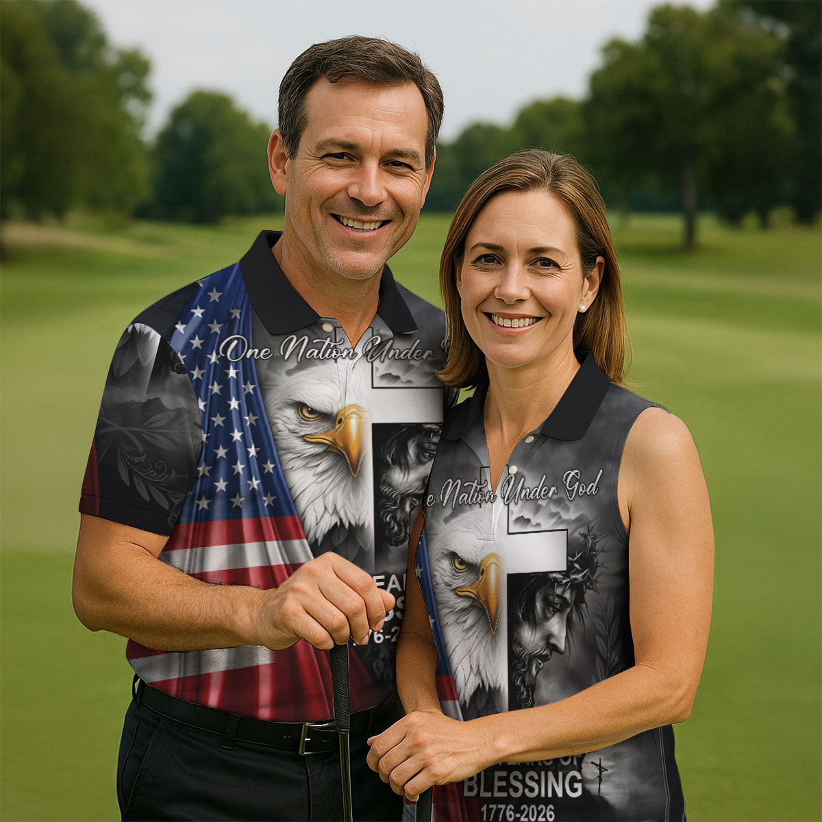 One Nation Under God 250 Years Of Blessing Faith Cross US Flag Golf Shirt, 4th Of July Golf Shirts For Men