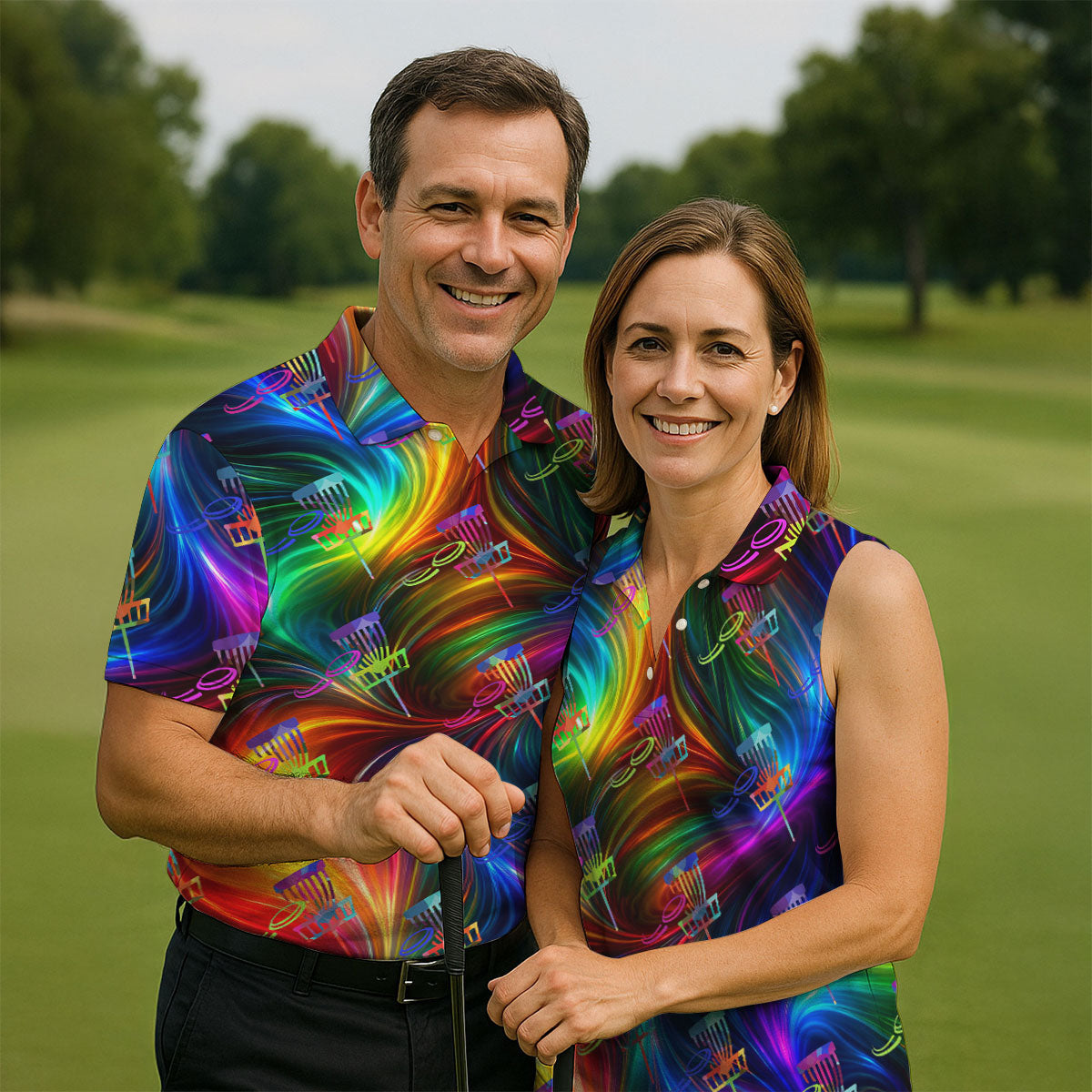 Colorful Disc Golf Basket Swirl Pattern Polo Shirt, Women’s Golf Tops, Hawaiian Golf Shirt, Performance Golf Shirt