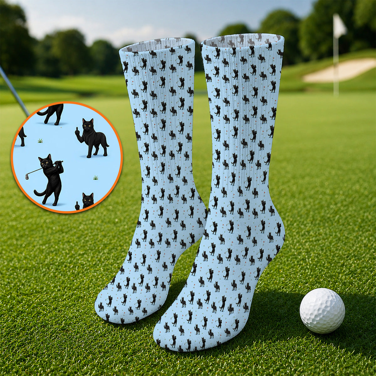 Black Cat Golf Pattern Sock, Funny Golf Socks For Cat Lover, Unique Birthday Gift For Golf Dad