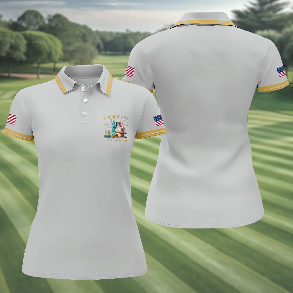American Symbols Grey Patriotic Golf Shirt, US 250 Years 4th Of July Golf Shirt For Women