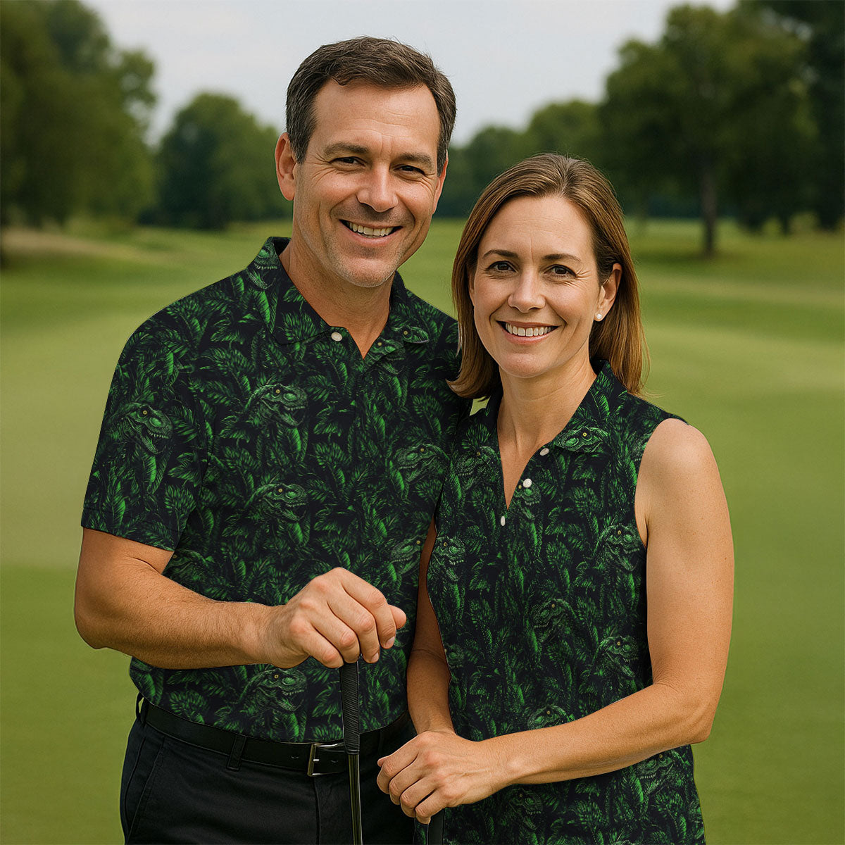 Dinosaurs In The Forest Deep Forest Green Hawaiian Golf Shirt, Polo Shirts For Men