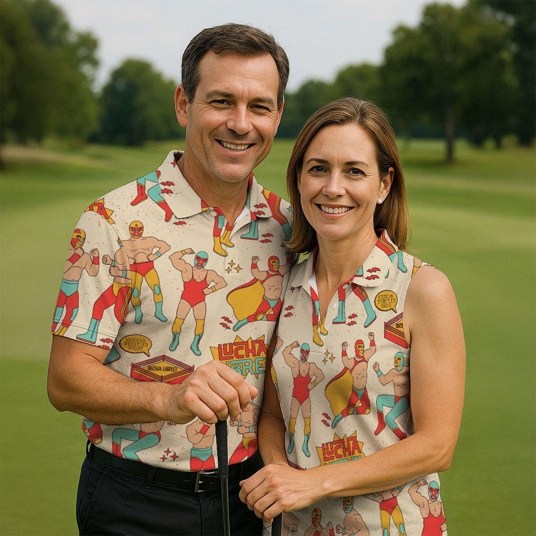 Beige Lucha Libre Mexican Wrestler Pattern Golf Shirt, Mens Golf Polo, Printed Golf Shirts