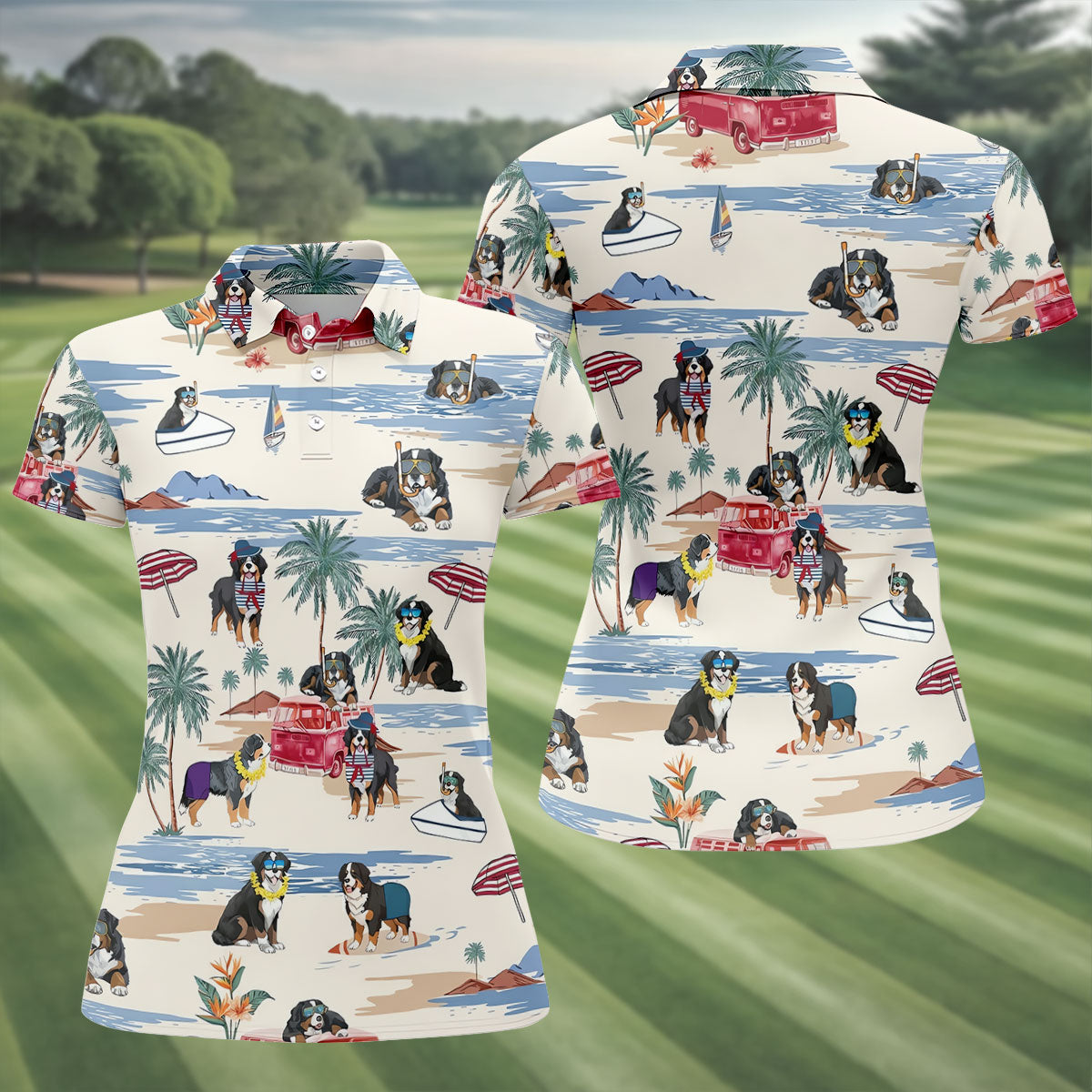 Tropical Bernese Mountain Dog Beach Hawaiian Golf Polo Shirt, Golf Polo For Women, Ladies Golf Top