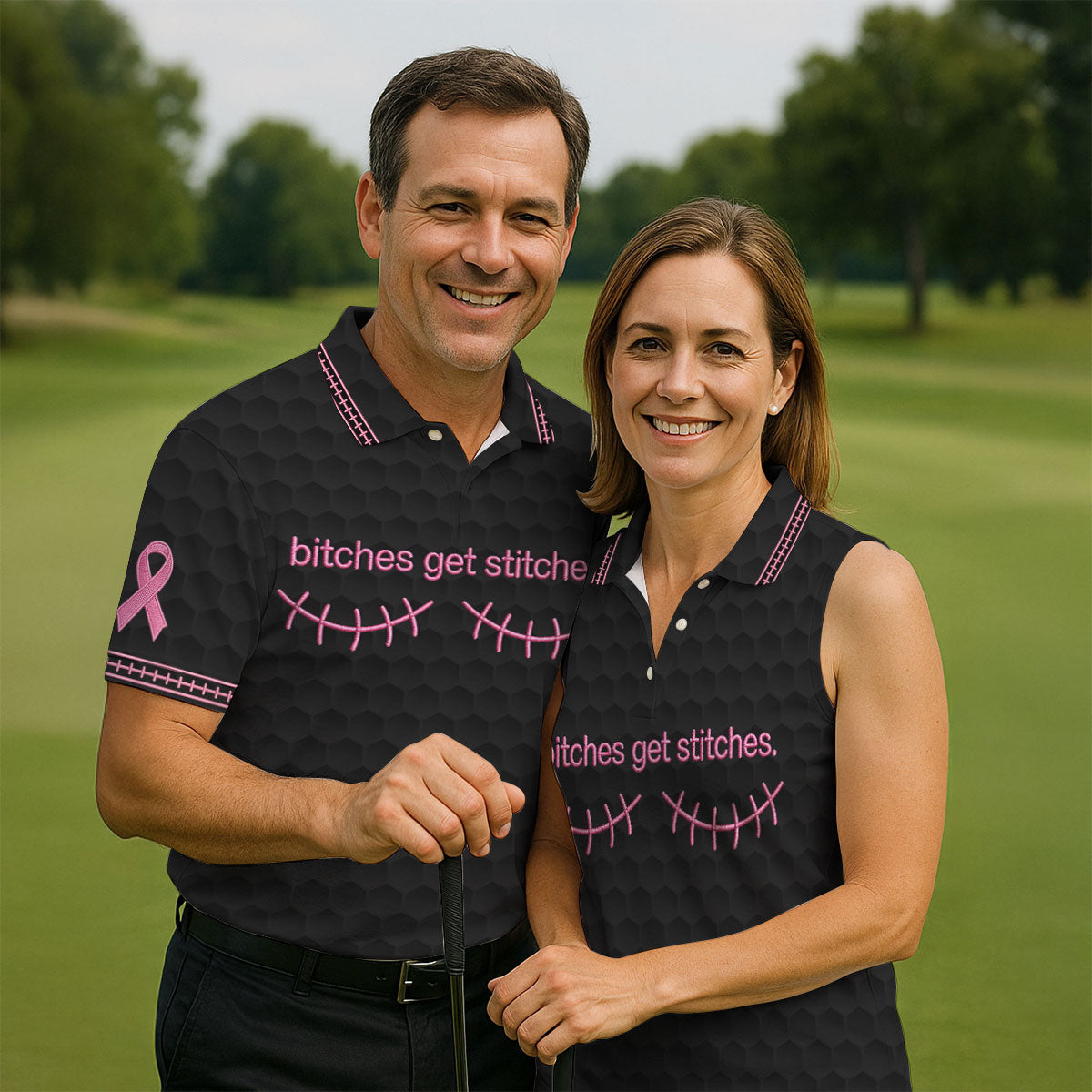 Bitches Get Stitches Breast Cancer Polo Shirt, Golf Shirts For Men, Mens Golf Apparel