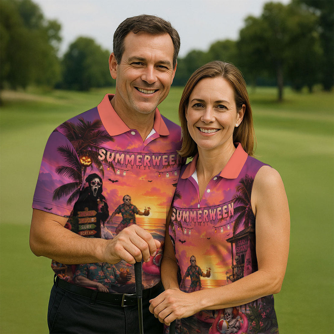 Summerween Halloween Horror Character Golf Shirt, Printed Golf Shirts, Hawaiian Golf Shirt