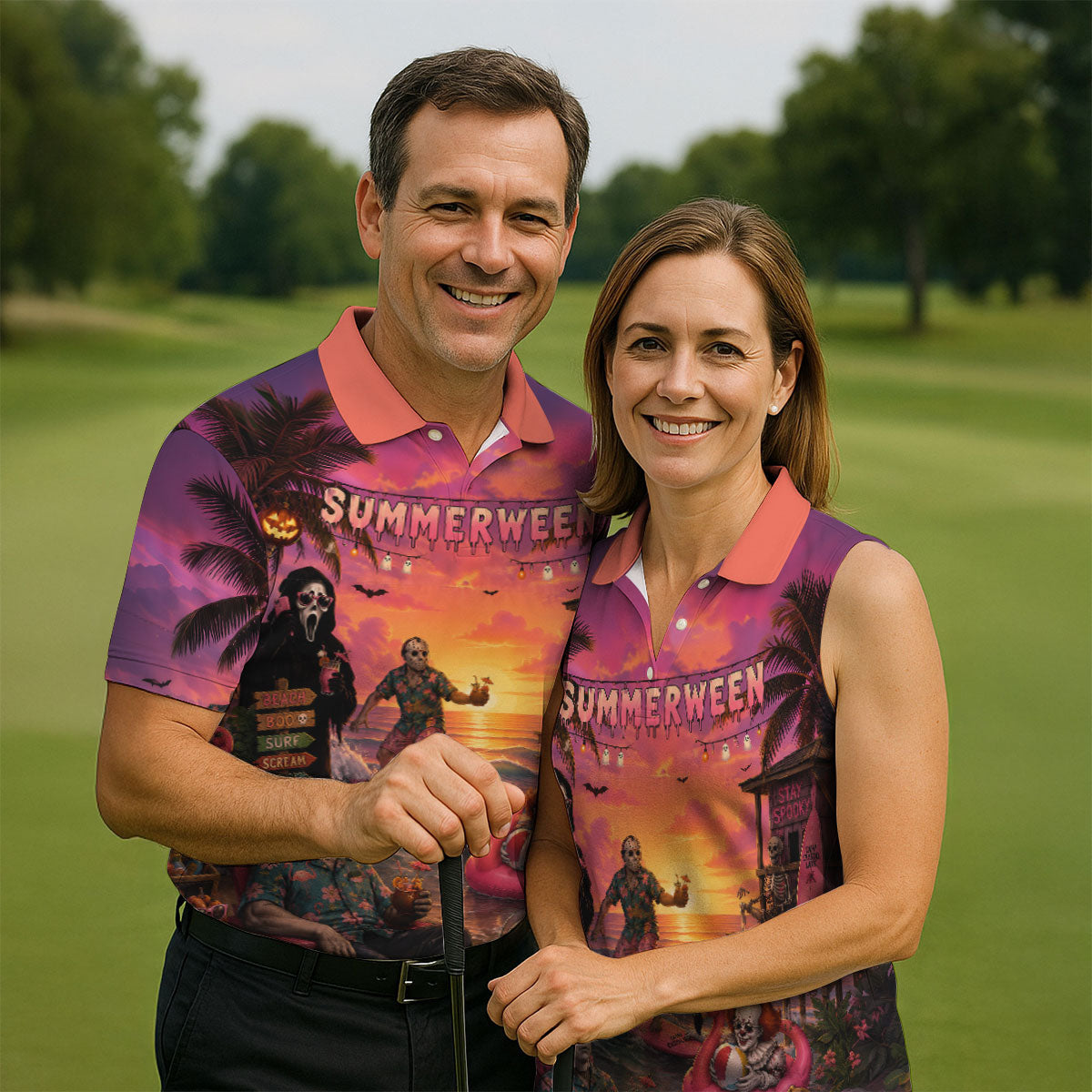 Summerween Halloween Horror Character Golf Shirt, Printed Golf Shirts, Hawaiian Golf Shirt