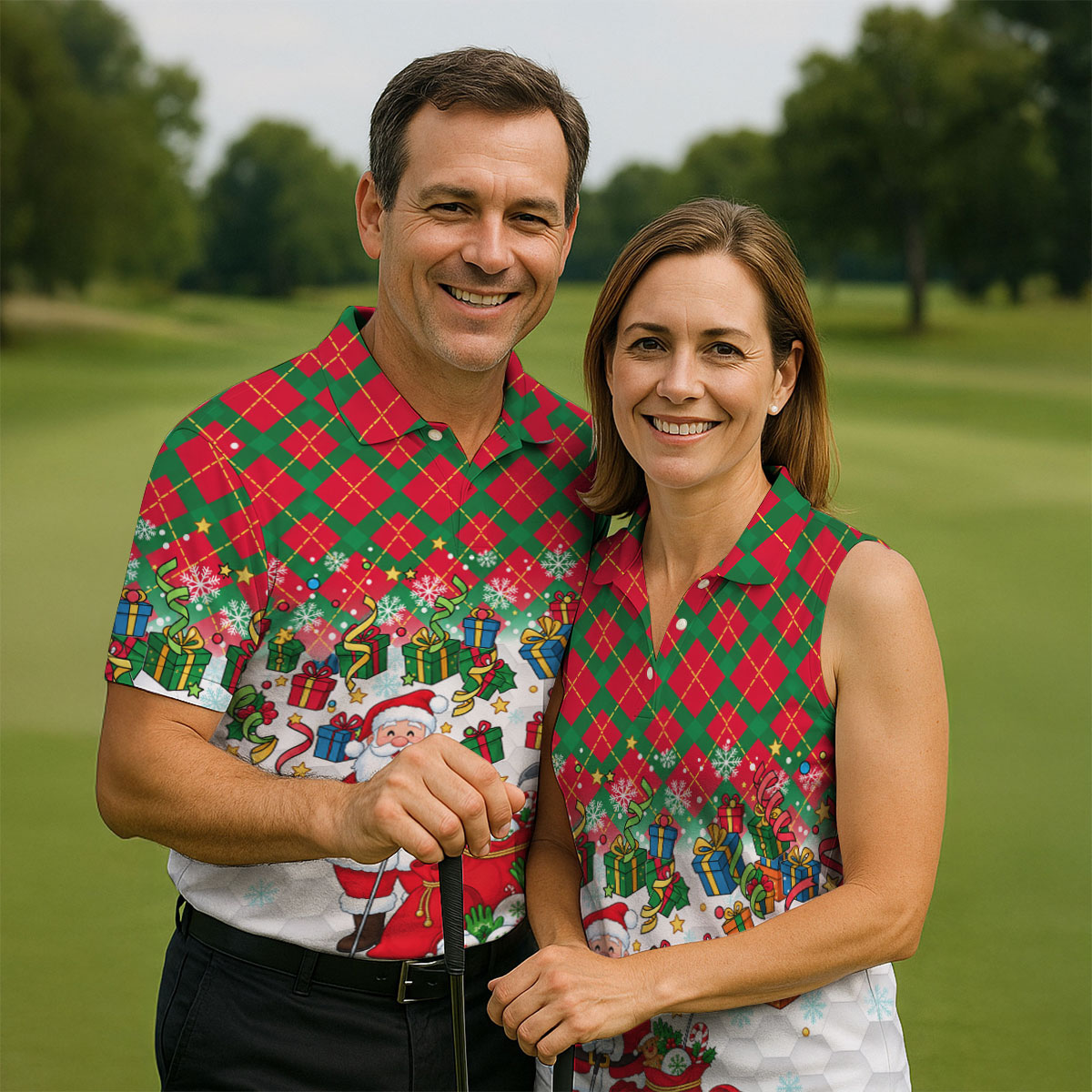 Christmas Santa Golfer and Gifts Polo Shirt, Printed Golf Shirts, Mens Golf Polo
