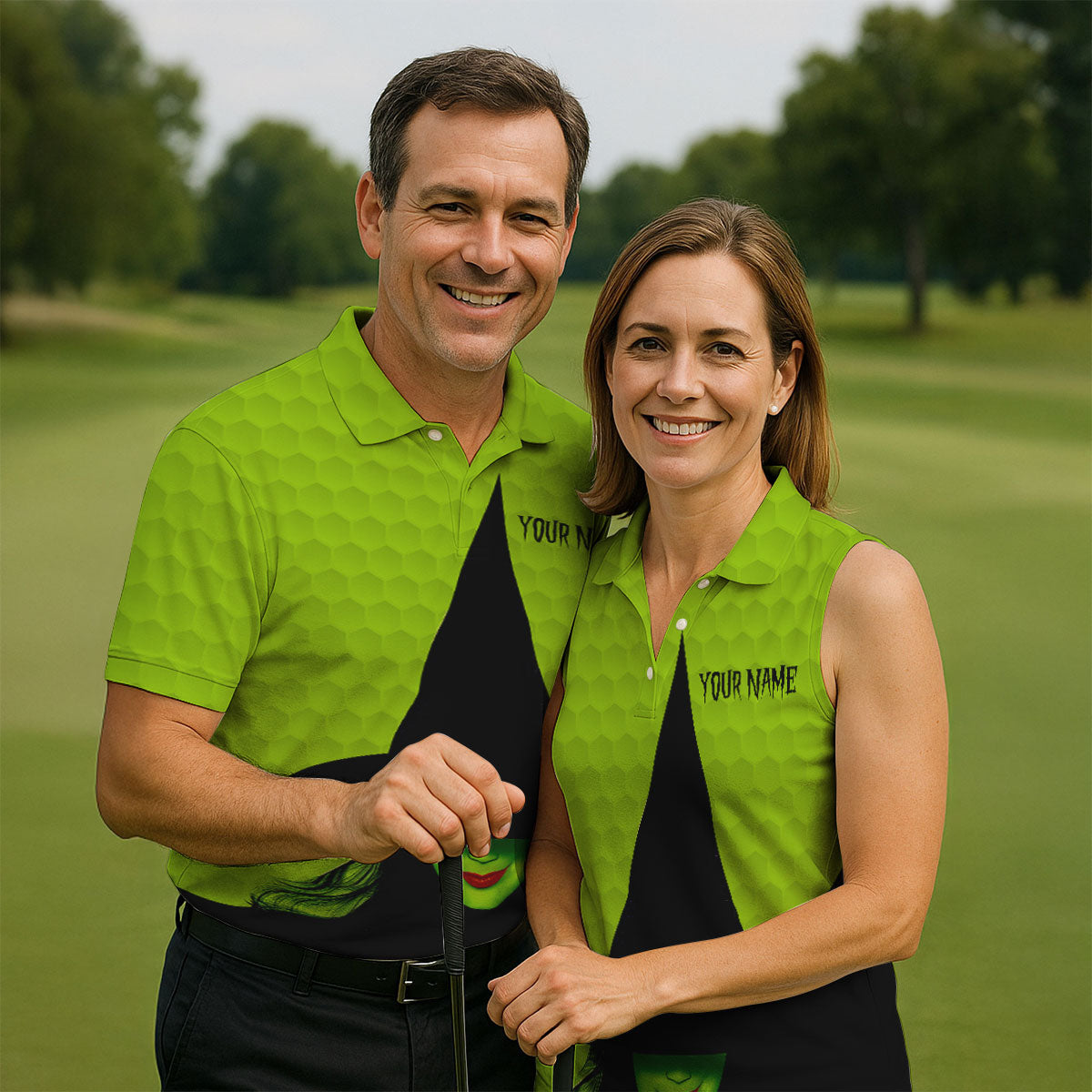 The Green Witch Golf Ball Pattern Fun Women's Golf Shirts, Spooky Vibe Ladies Golf Polos, Halloween Golf Shirt