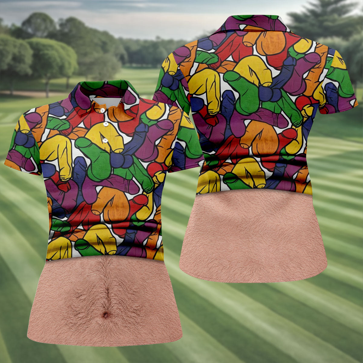 Funny Belly Illusion Colorful Pattern Polo Shirt, Womens Golf Polo, Golf Shirts For Women