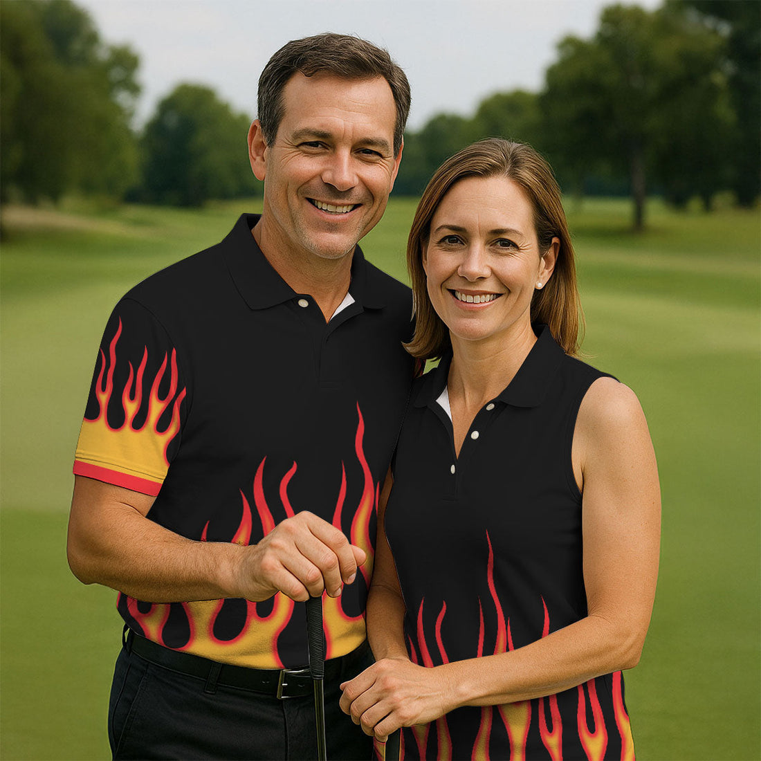 Black Red Yellow Flame Sleeve Golf Shirt, Hawaiian Golf Shirt, Mens Golf Shirts