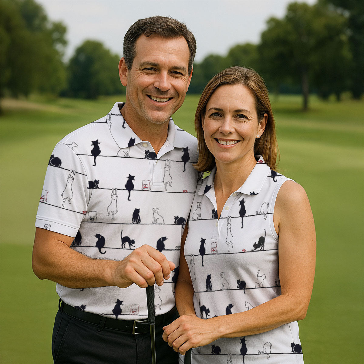 Cute Black and White Cats Pattern Golf Shirt, Men's Golf Shirt, Golf Polo Shirts For Men