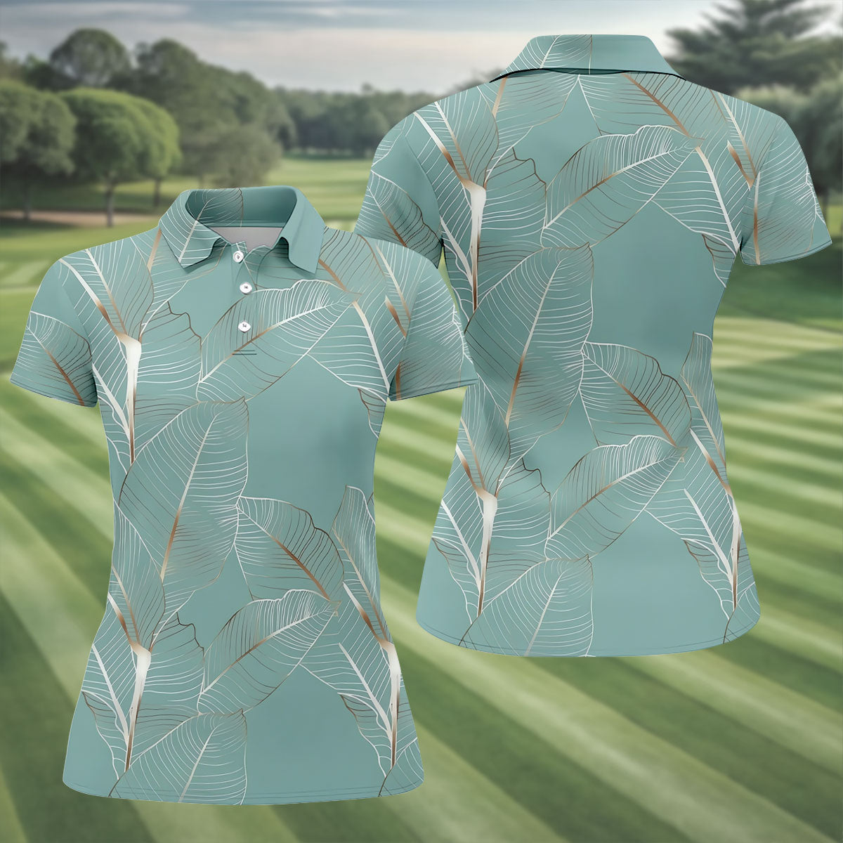 Tropical Leaves Blue Grey Golf Shirt, Summer Hawaiian Golf Shirt, Golf Shirt For Women