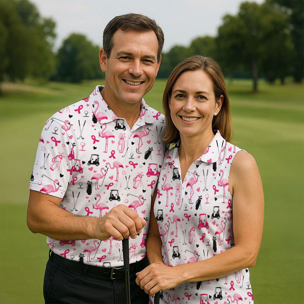 Pink Flamingo Golf Pattern Breast Cancer Polo Shirt, Hawaiian Shirts For Men, Mens Golf Polo