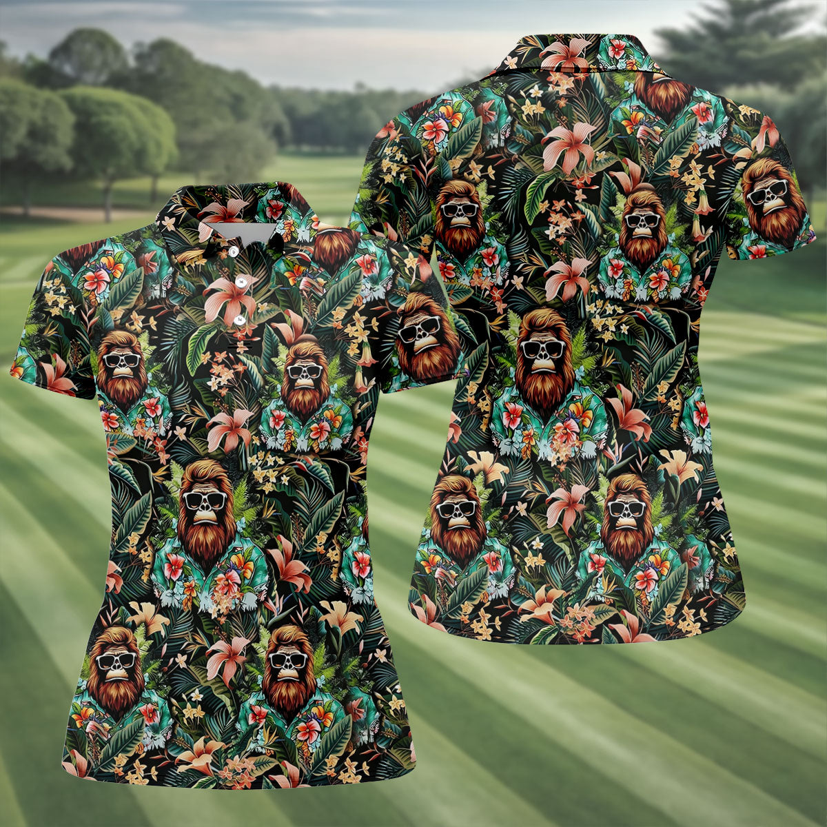 Bigfoot Hawaiian Tropical Golf Shirt, Funny Sasquatch Golf Shirt For Women