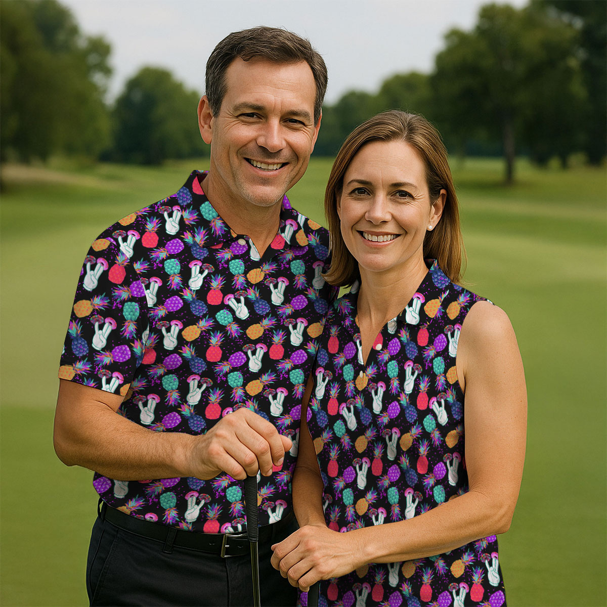 Hawaiian Pineapples Donut Finger Turquoise Orange Purple Fun Golf Shirts For Men, Polo Shirts For Men