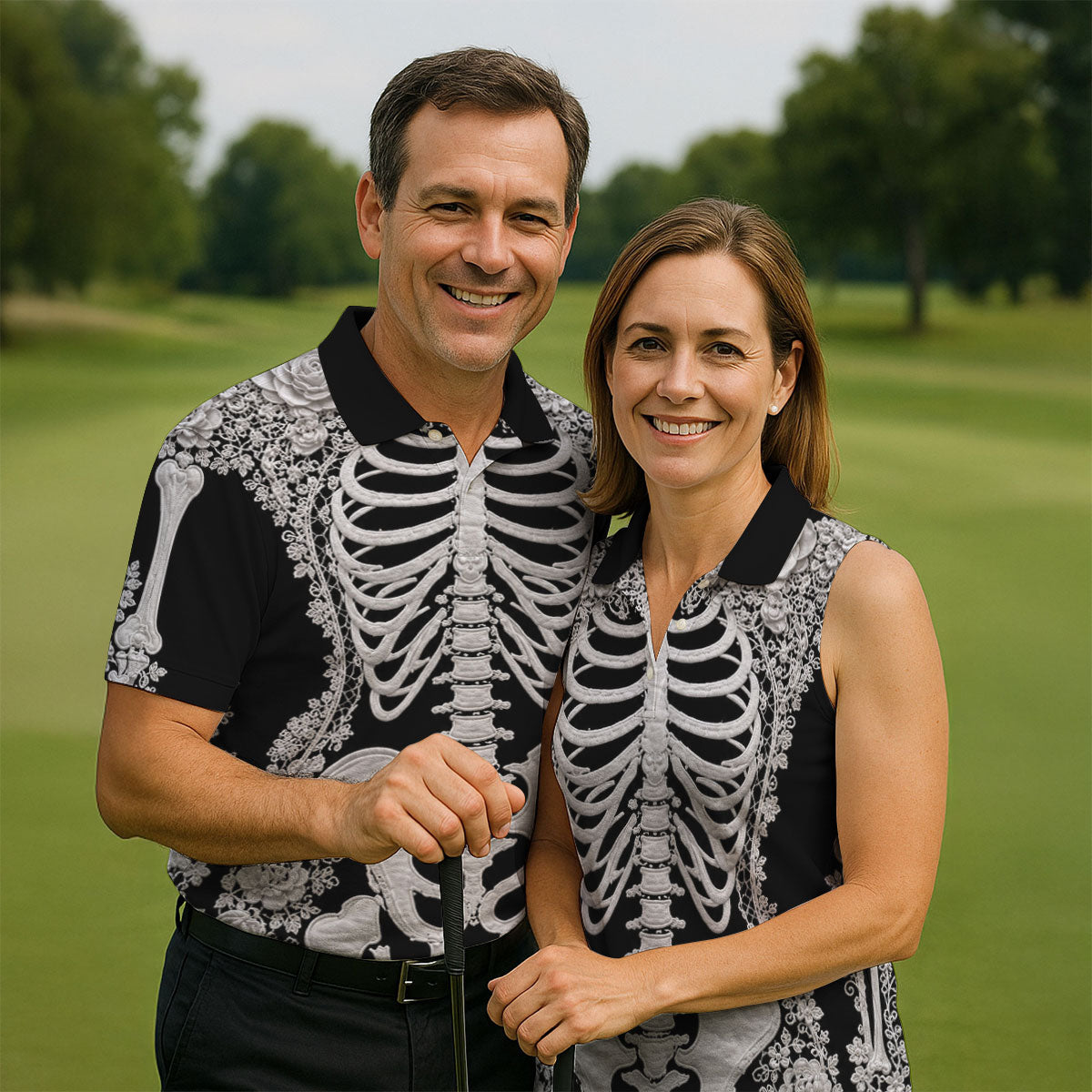 Floral Skeleton Halloween Golf Polo Shirt, Golf Shirts For Men, Mens Golf Apparel
