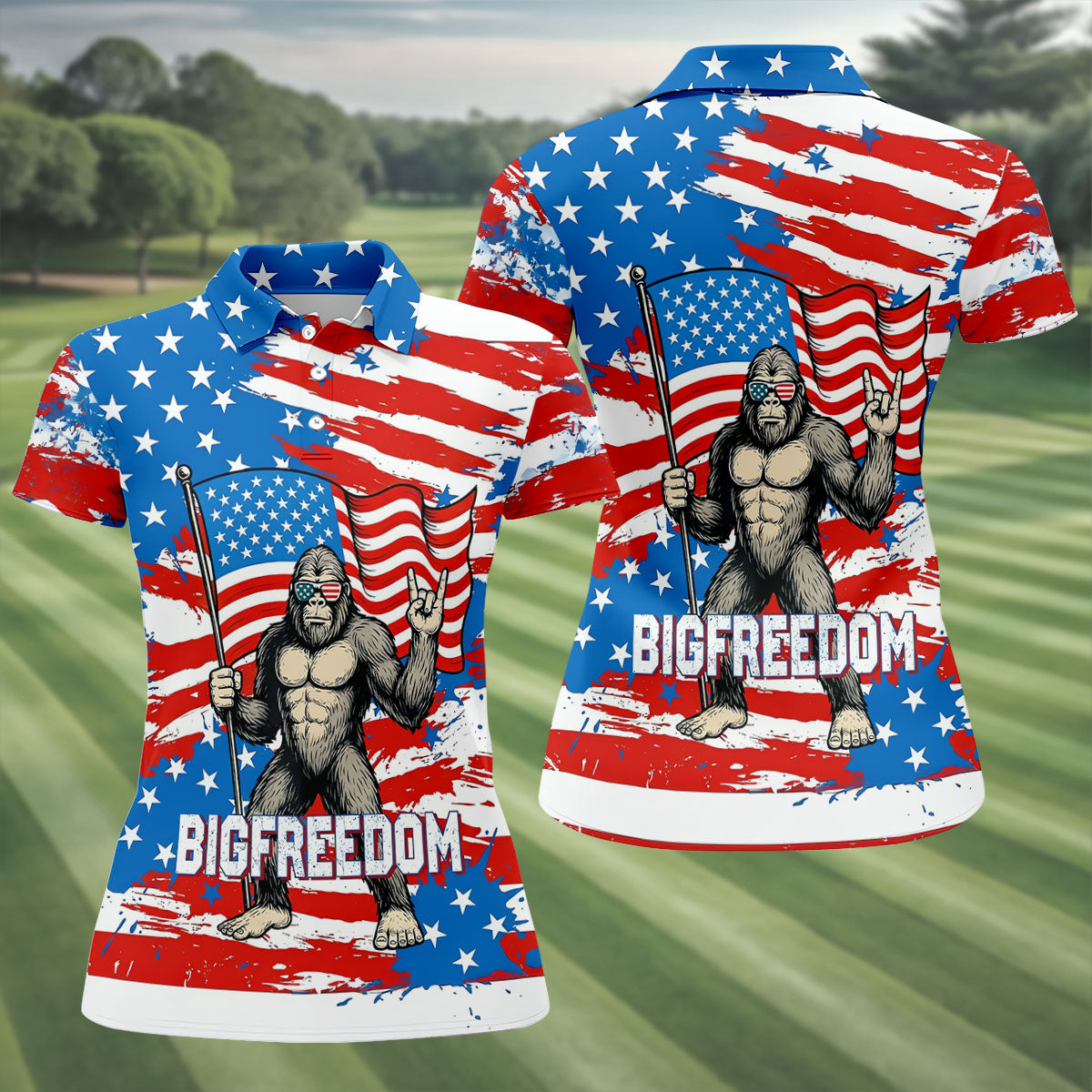 Bigfreedom Red White Blue Patriotic Bigfoot 4th Of July Golf Shirt, 250 Years Golf Shirt For Women