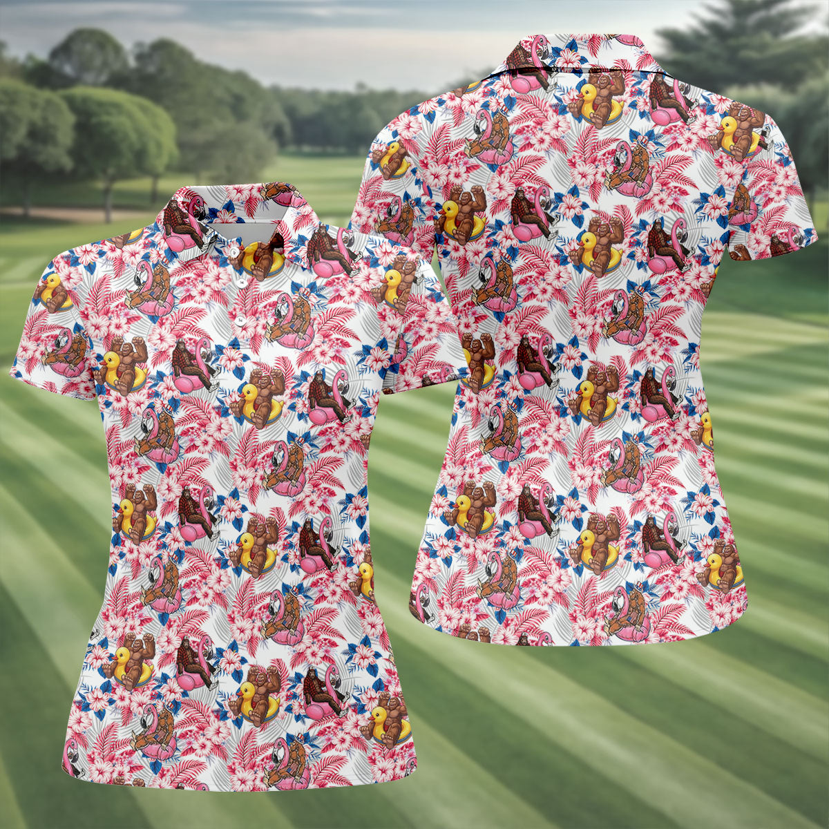 Funny Bigfoot Pool Party Hawaiian Golf Shirt, Red White Blue Tropical Flamingo Golf Shirt For Women