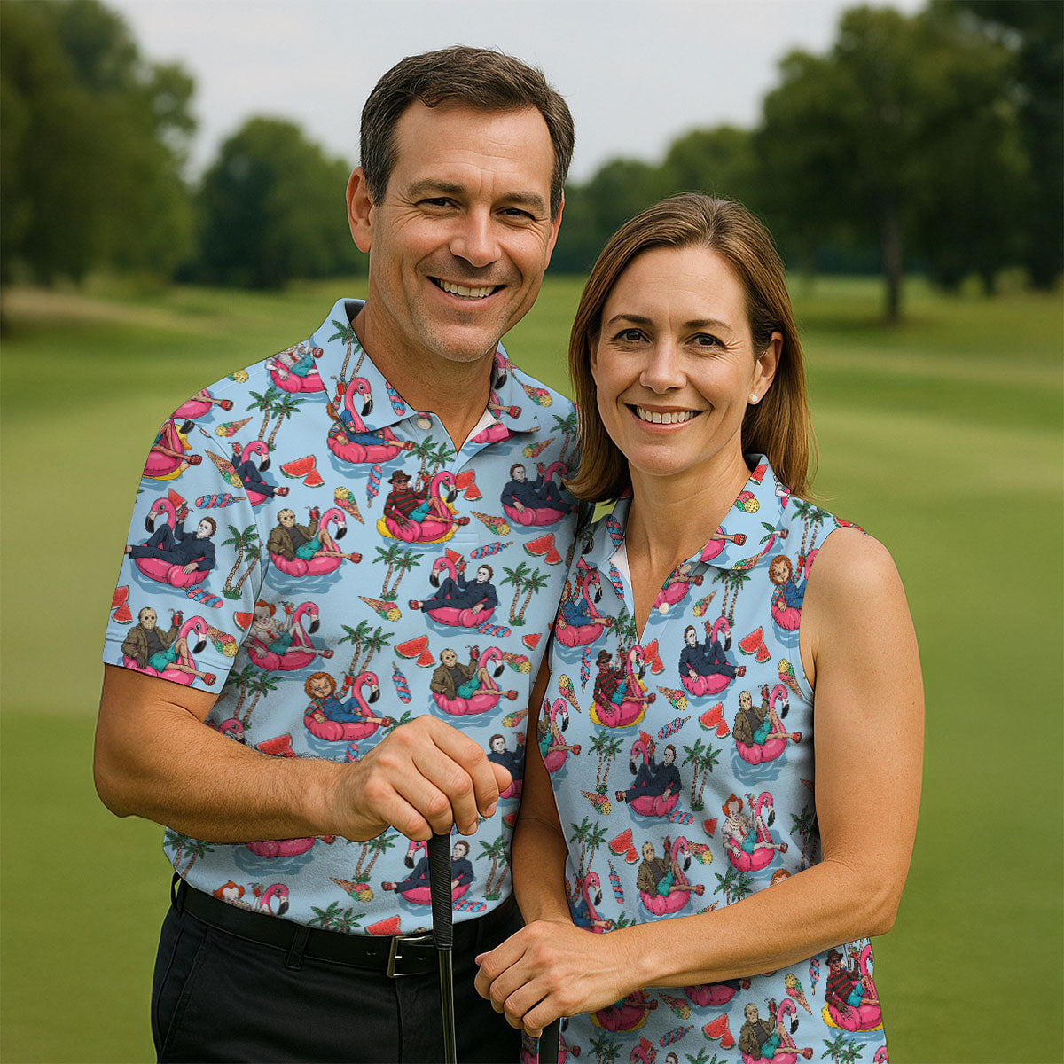 Retro Horror Character Villains Floating On Flamingo Pool Floats Golf Polo Shirt, Women's Golf Polo, Golf Tops For Women