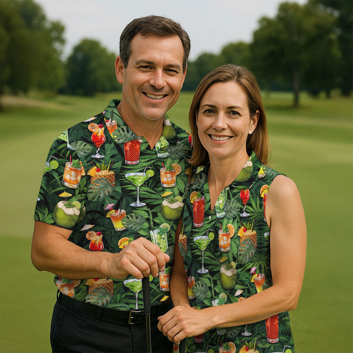 Tropical Cocktail Coconut And Palm Leaf Golf Polo, Hawaiian Golf Shirt, Mens Golf Apparel
