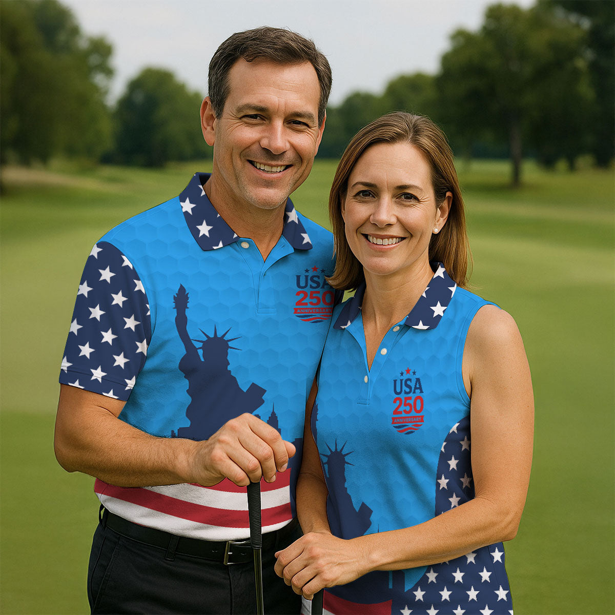 USA 250 Anniversary Statue Of Liberty Blue Golf Shirt, Patriotic Golf Shirt, 4th Of July Golf Shirts For Men