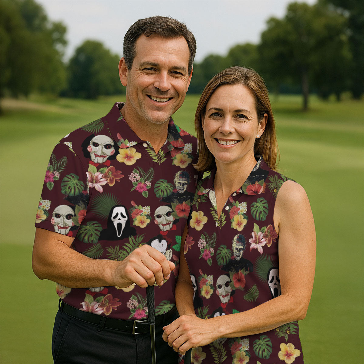 Floral Halloween Horror Character Hawaiian Golf Shirt, Men's Golf Shirt, Golf Polo Shirts For Men