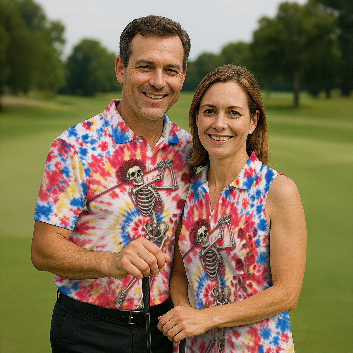 Skeleton Golfer Tie Dye Polo Shirt, Golf Apparel For Men, Golf Polo Shirts For Men