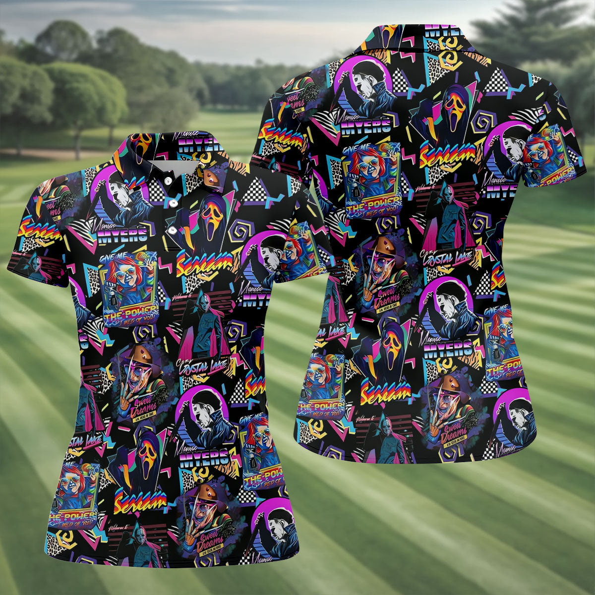 Retro Halloween Horror Character Hawaiian Golf Shirt, Women's Golf Tops, Golf Shirts For Women