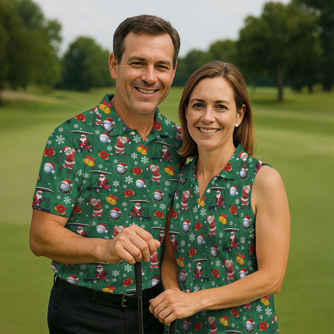 Santa Christmas Green Golf Polo, Fun Men's Golf Polos, Christmas Golf Shirt, Golf Shirts For Men
