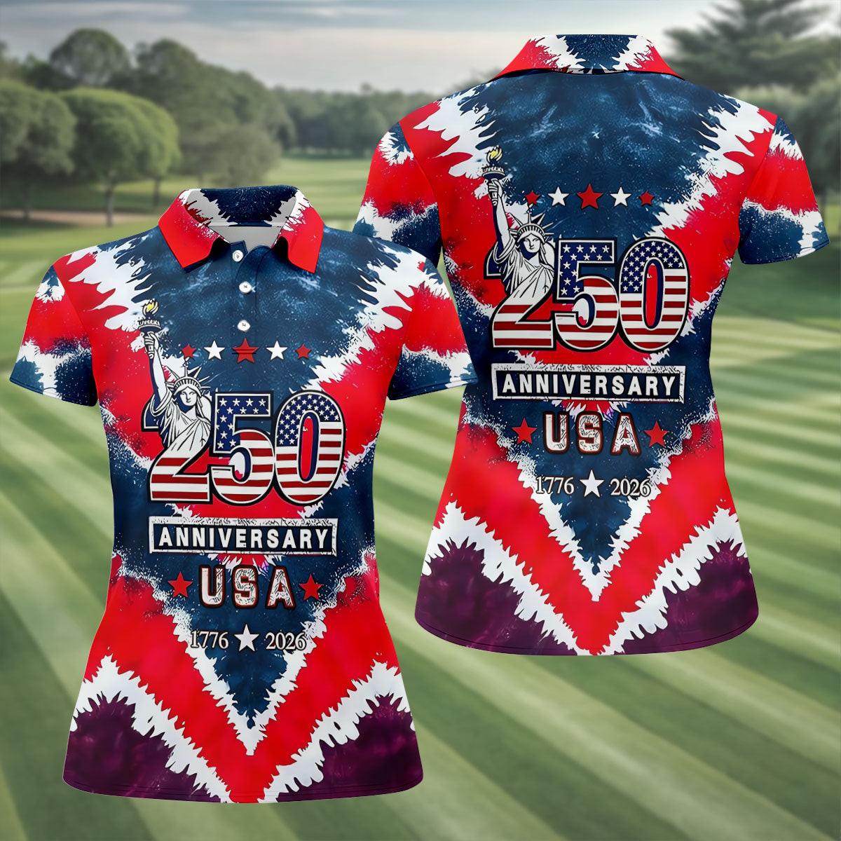 250th Anniversary Red White Blue Tie Dye Print Patriotic Golf Shirt, 4th Of July Golf Shirt For Women