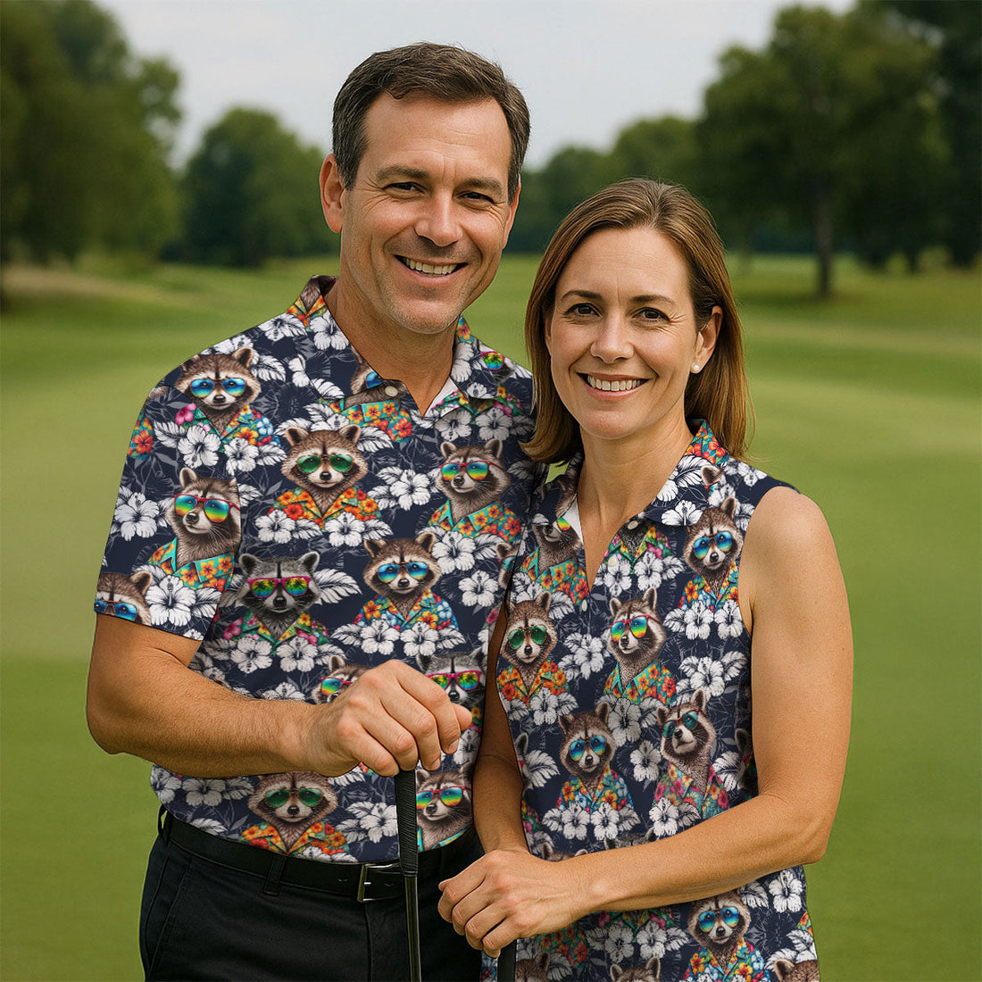 Cool Raccoons in Rainbow Sunglasses Hawaiian Golf Polo, Golf Tops For Men, Golfing Apparel