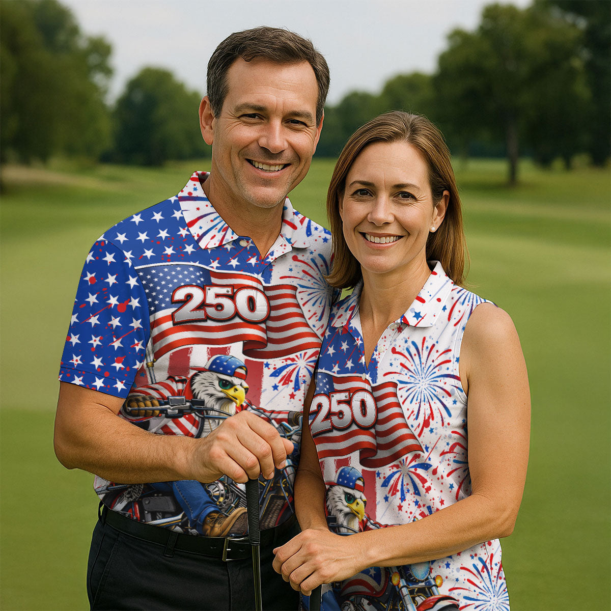 250 Years Eagle Motorcycle American Flag Golf Shirt, Patriotic 4th Of July Golf Shirts For Men