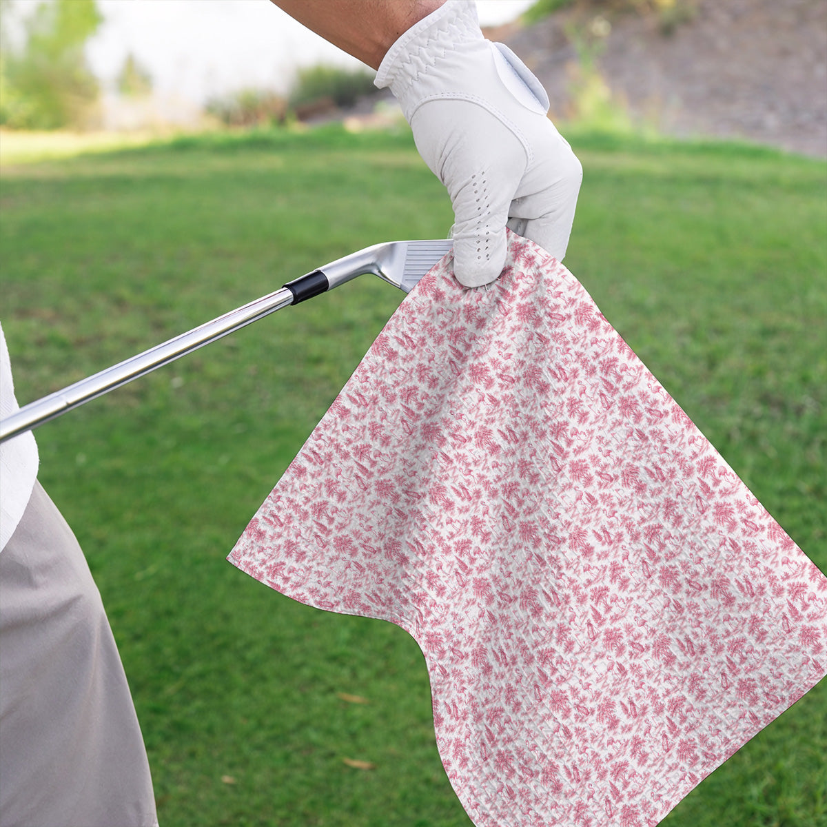 Toile De Jouy Flamingo Golf Towel, Crazy Pink Golf Towels, Golf Gift For Golfer