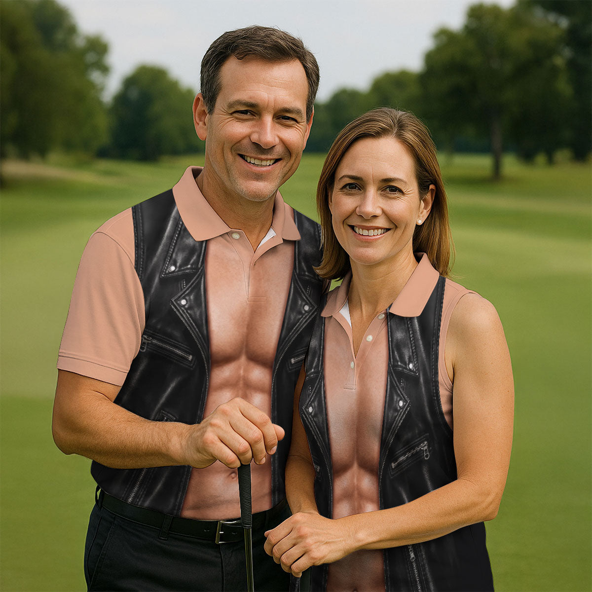 Black Leather Vest Illusion Golf Polo Shirt, Men's Golf Shirt, Golf Polo Shirts For Men