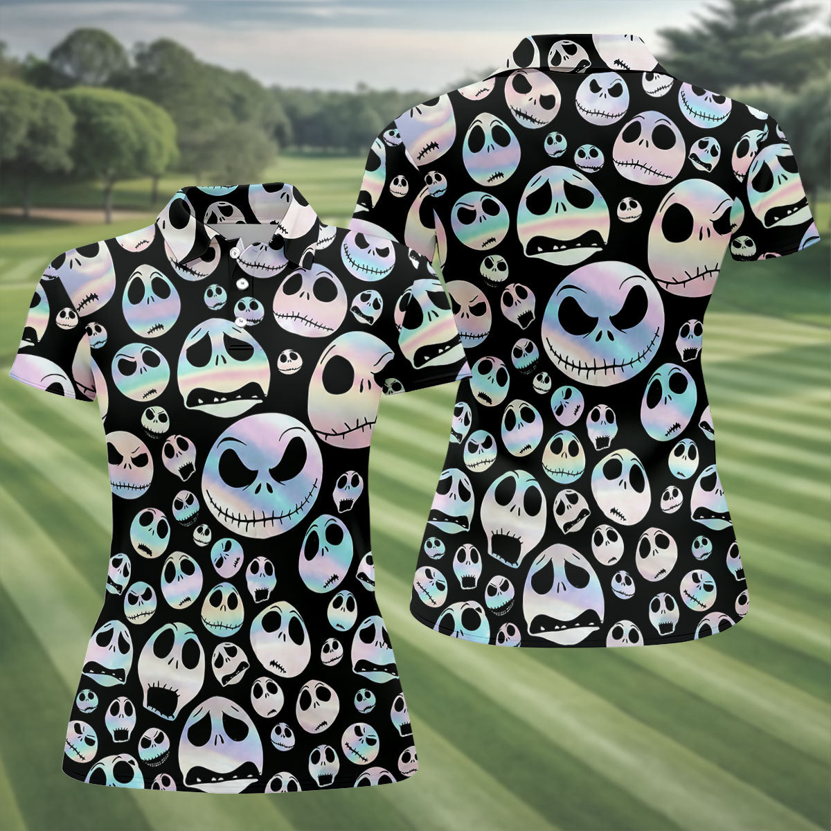 Black Horror Character Skull Face Pattern Golf Polo Shirt, Ladies Golf Shirts, Womens Golf Tops