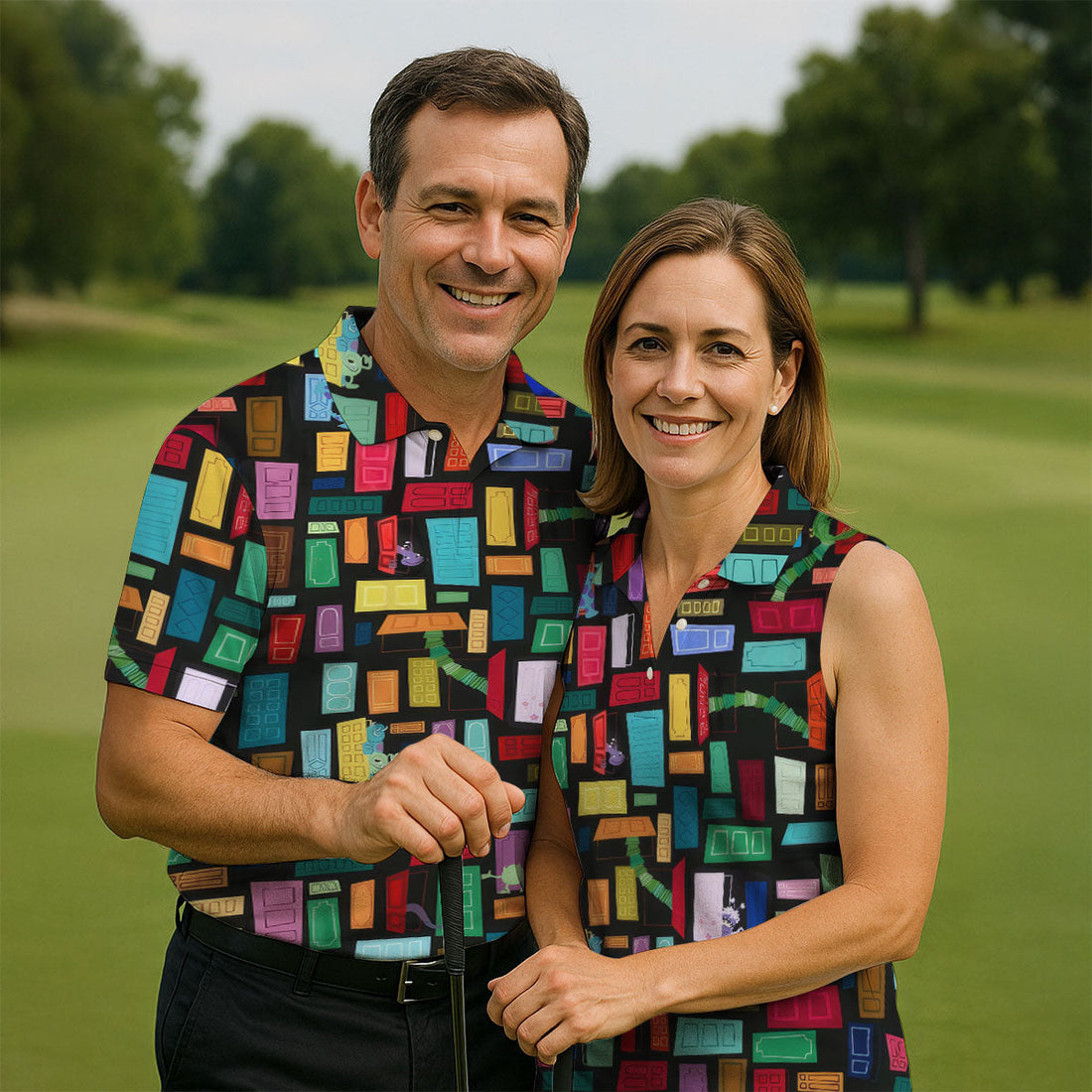 Monster Door Golf Shirt, Colorful Animated Monster World Pattern, Golf Shirt For Men