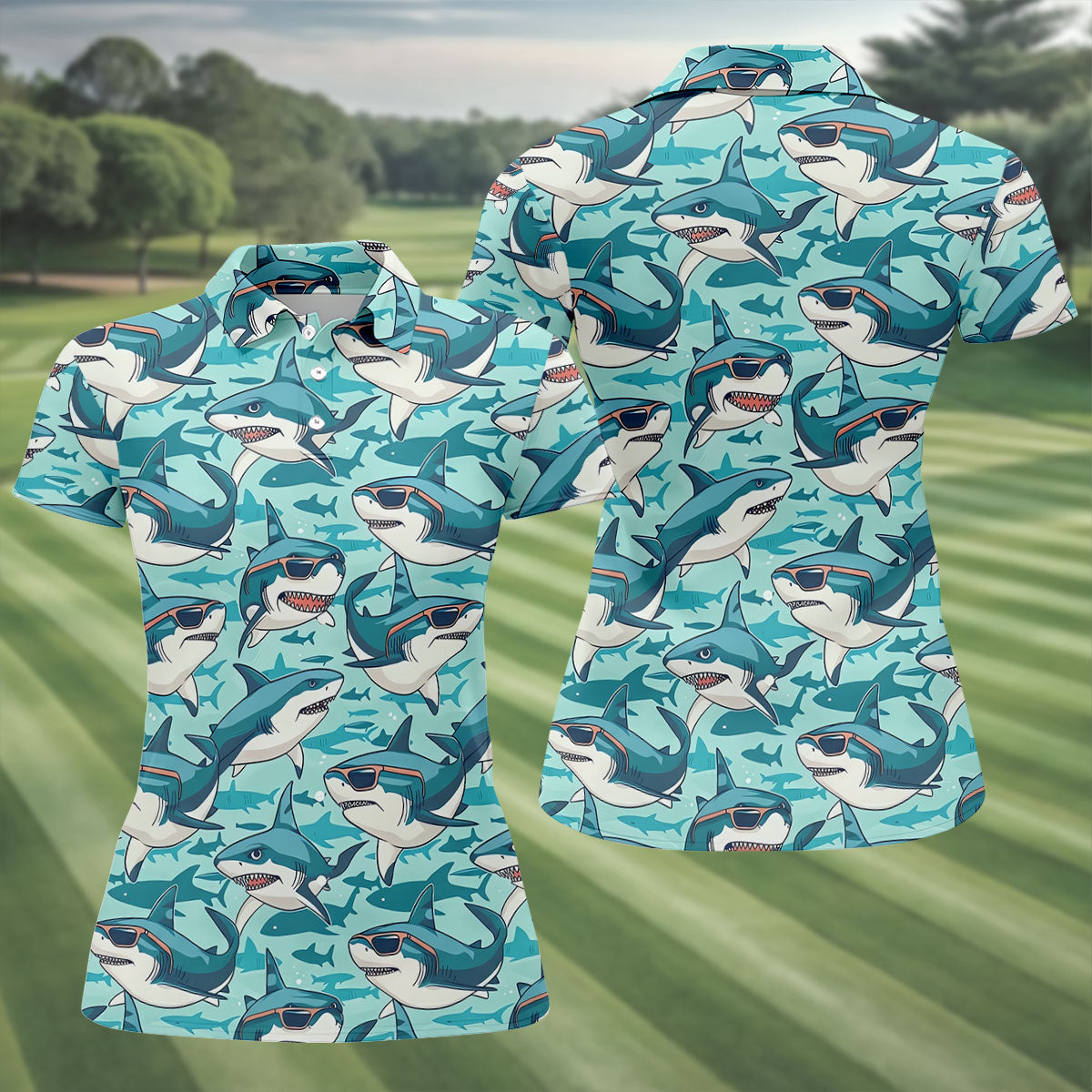 Animated Shark Hawaiian Golf Shirt, Fun Women's Golf Shirts, Ladies Golf Shirts