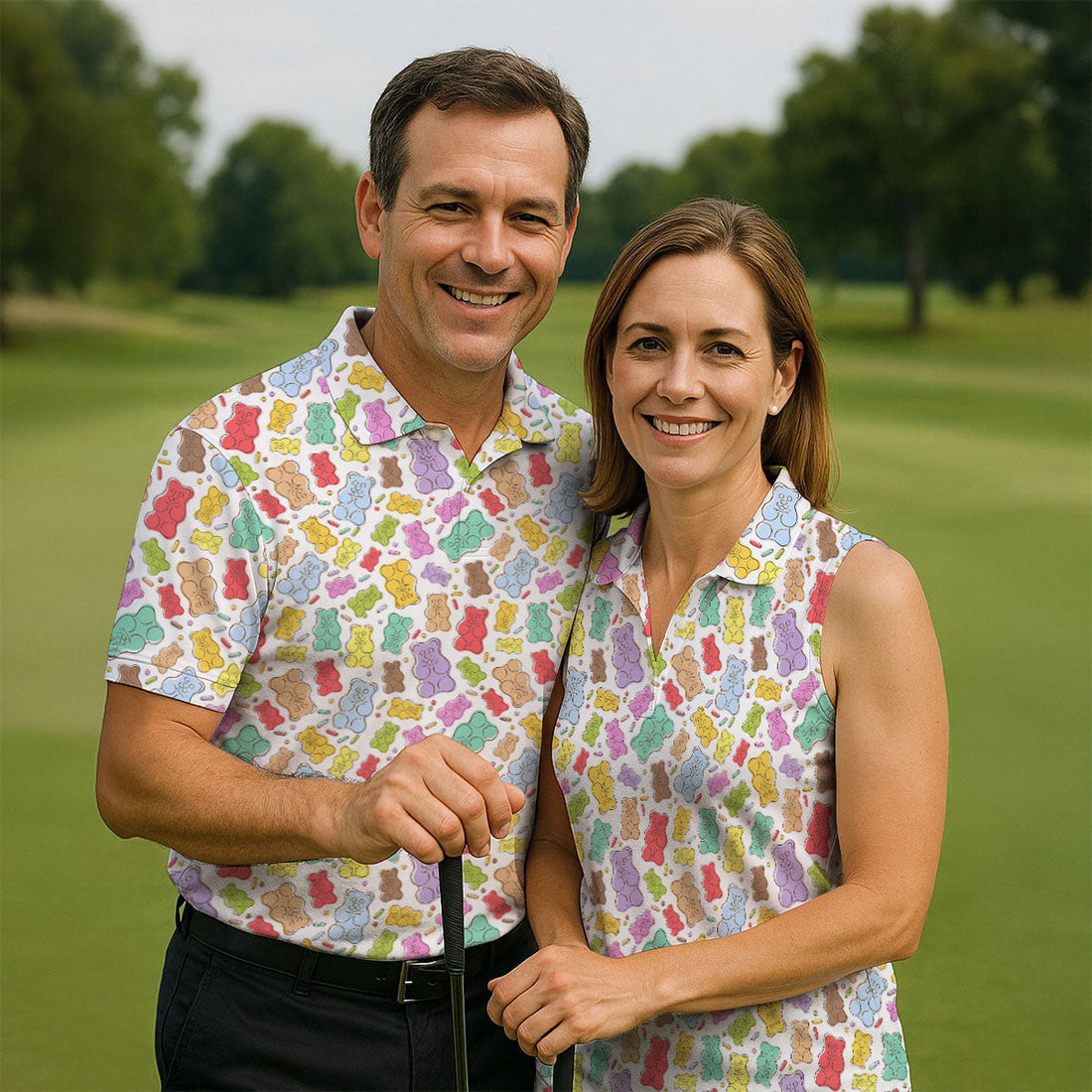 Gummy Bear Golf Shirt, Colorful Candy Pattern Men's Golf Polo, Polo Shirts For Men
