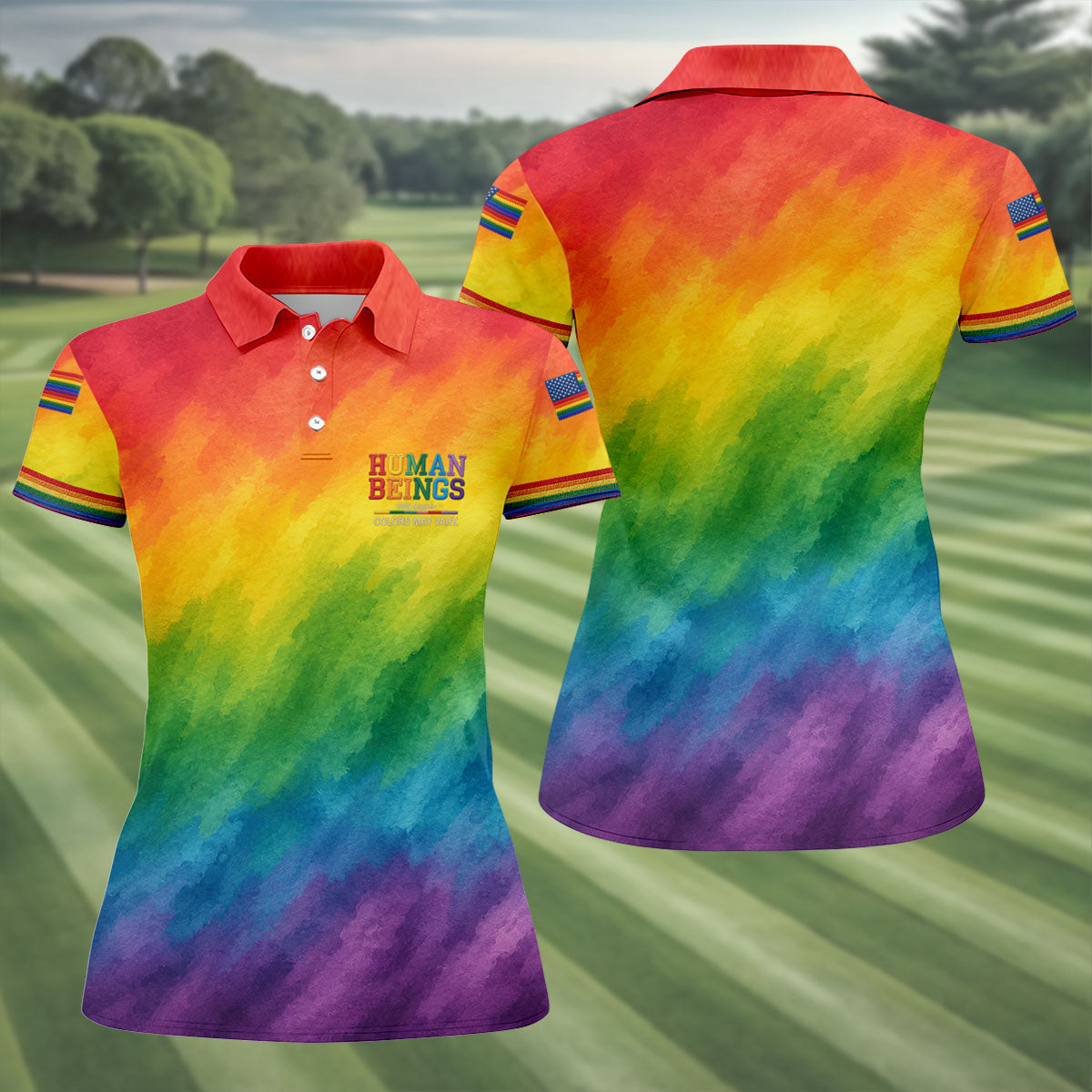 Human Beings LGBT Rainbow Women's Golf Tops, LGBT Pride Month Gradient Watercolor Ladies Golf Shirts