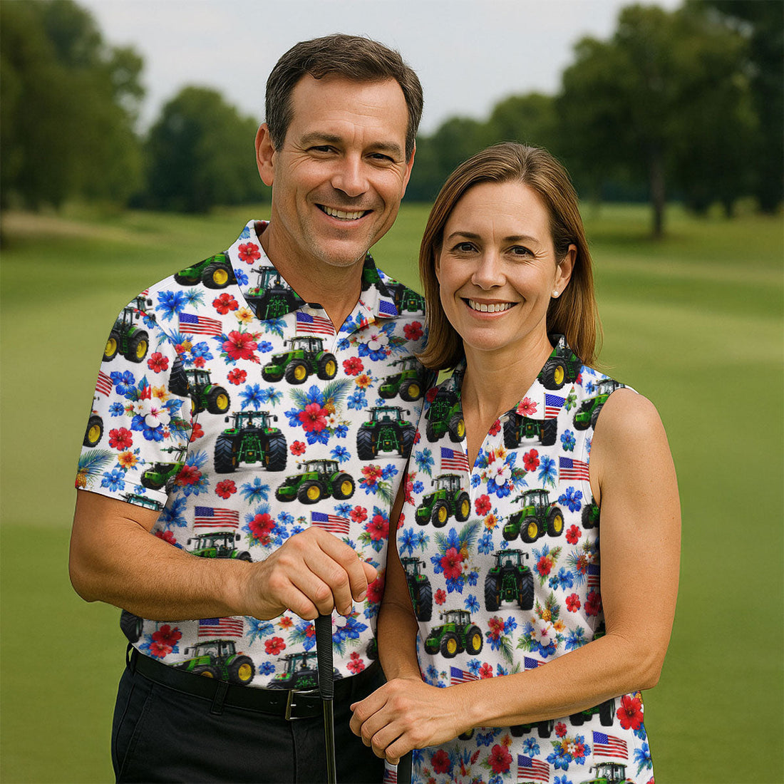 American Tractor Golf Shirt, Patriotic Wildflower Country Farm Pattern, Golf Shirt For Men
