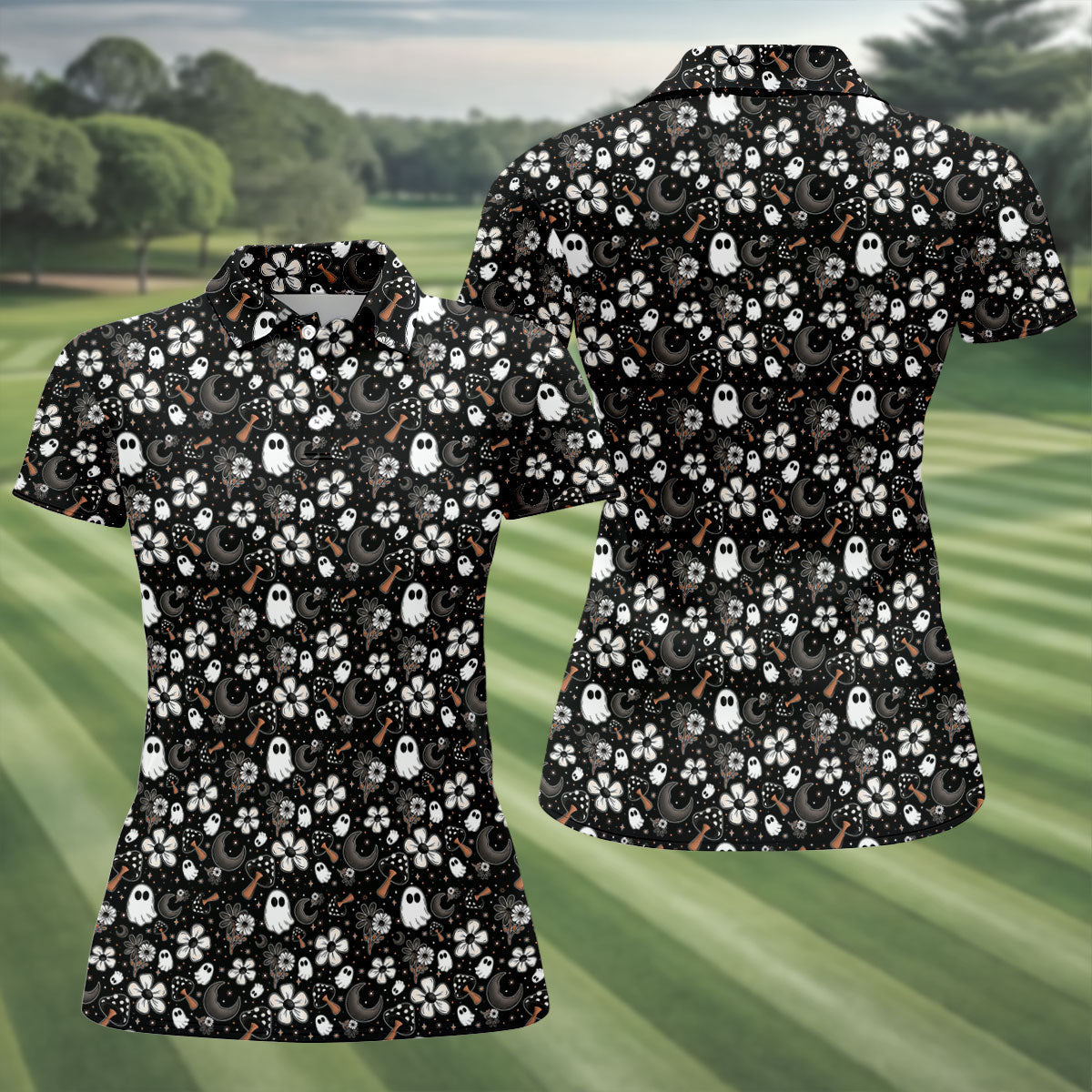 Ghost Horror Character Floral Halloween Golf Polo Shirt, Spooky Shirt, Women's Golf Shirt