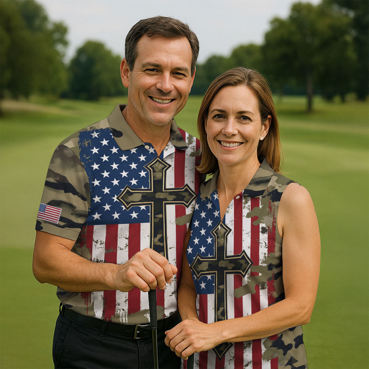 Faith Cross Green Camouflage US 250th Anniversary Golf Shirt, Patriotic Golf Shirt, Golf Shirts For Men
