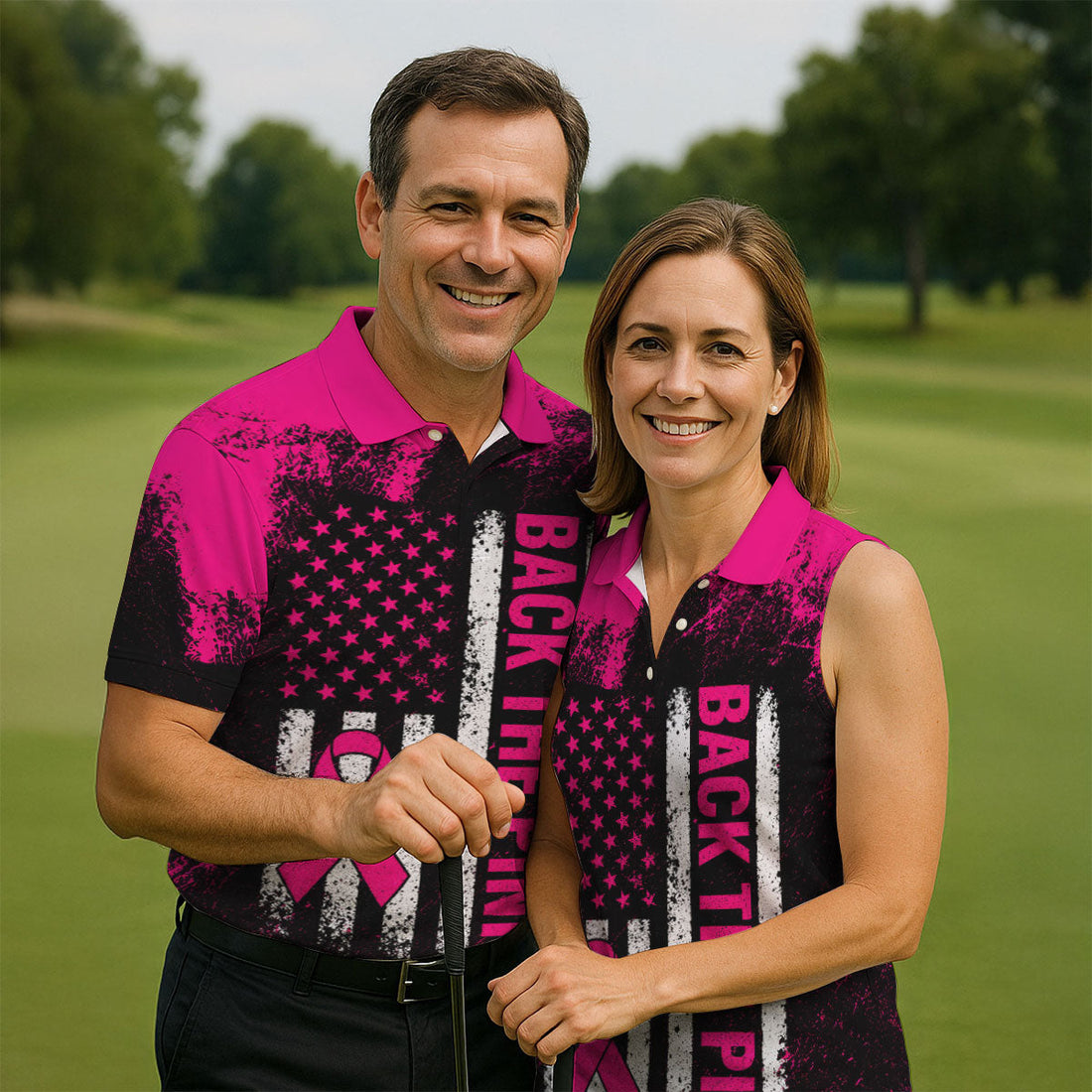 Back The Pink American Flag Breast Cancer Polo Shirt, Mens Golf Polo, Printed Golf Shirts