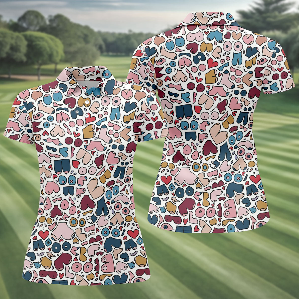 Funny Adult Body Parts Doodle Print Women's Golf Tops, Golf Shirts For Women, Printed Golf Shirt